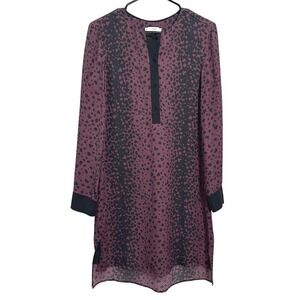 Vince Silk Animal Print Long Sleeve Button Front Shirt Dress Black Purple  XS